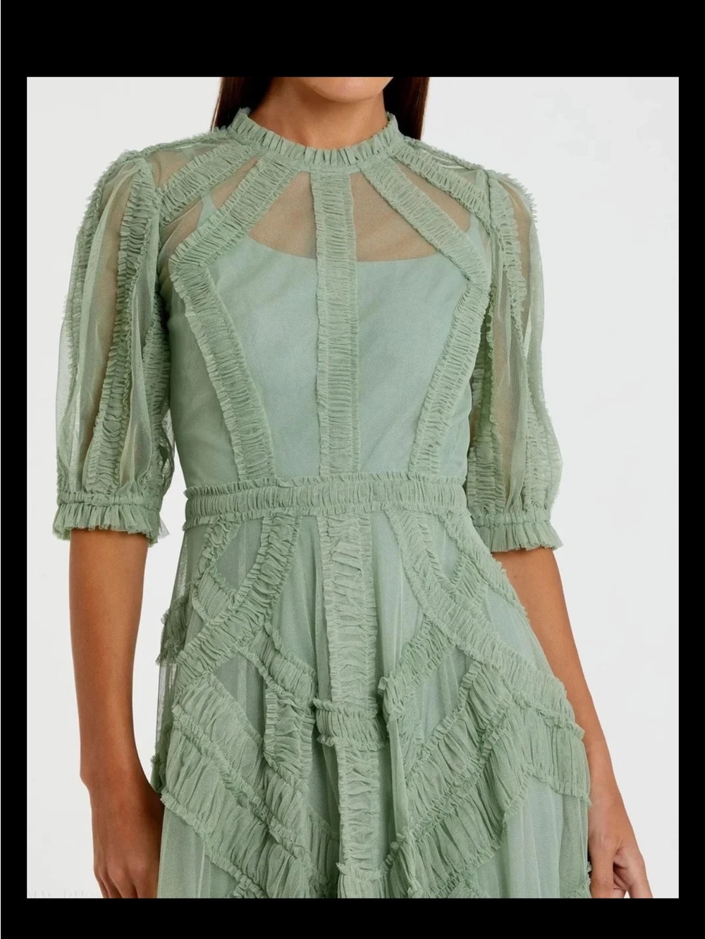 Mac Duggal Sage Green Ruffle-Trim Maxi Dress